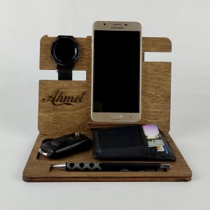 İsme Özel Ahşap Masaüstü Telefon ve Aksesuar Ofis Standı