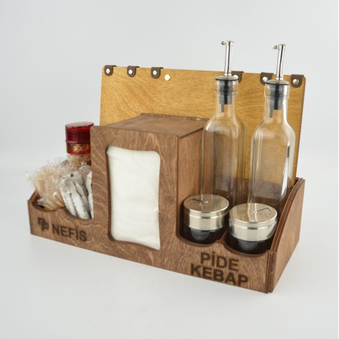 Kafe Restoran Ahşap Dispenser Peçetelik Şekerlik Sosluk Menaj Takımı Model 10797